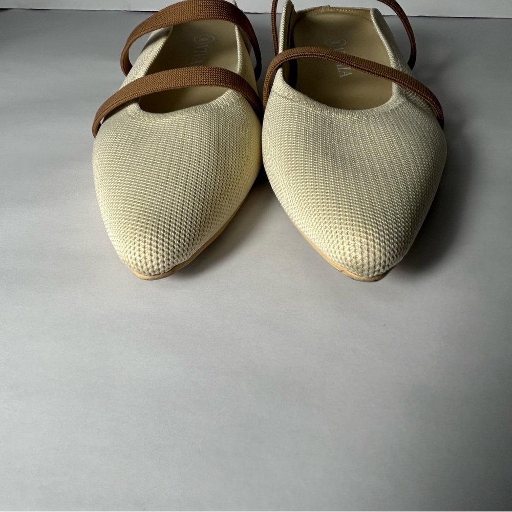 Vivaia Women's Cream Pointed-Toe Flats with Brown Straps - Picture 7 of 10